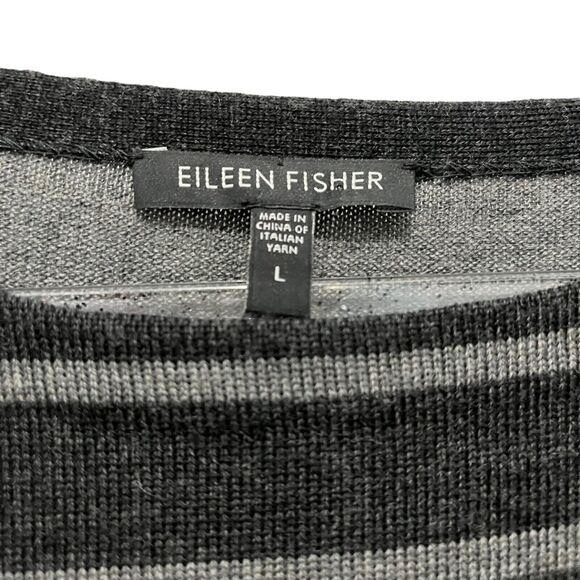 Eileen Fisher Tunic Sweater Womens 100% Merino Wool Gray Black Stripe Long SZ L - Picture 2 of 15